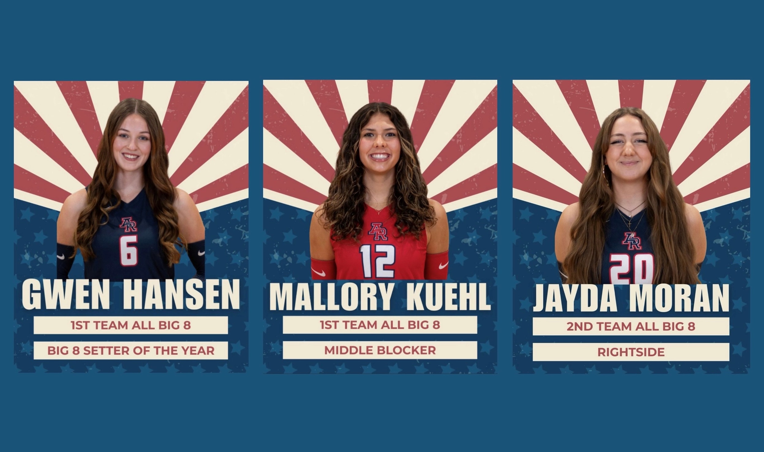 Gwen Hansen, Mallory Kuehl, and Jayda Moran Named All Big 8